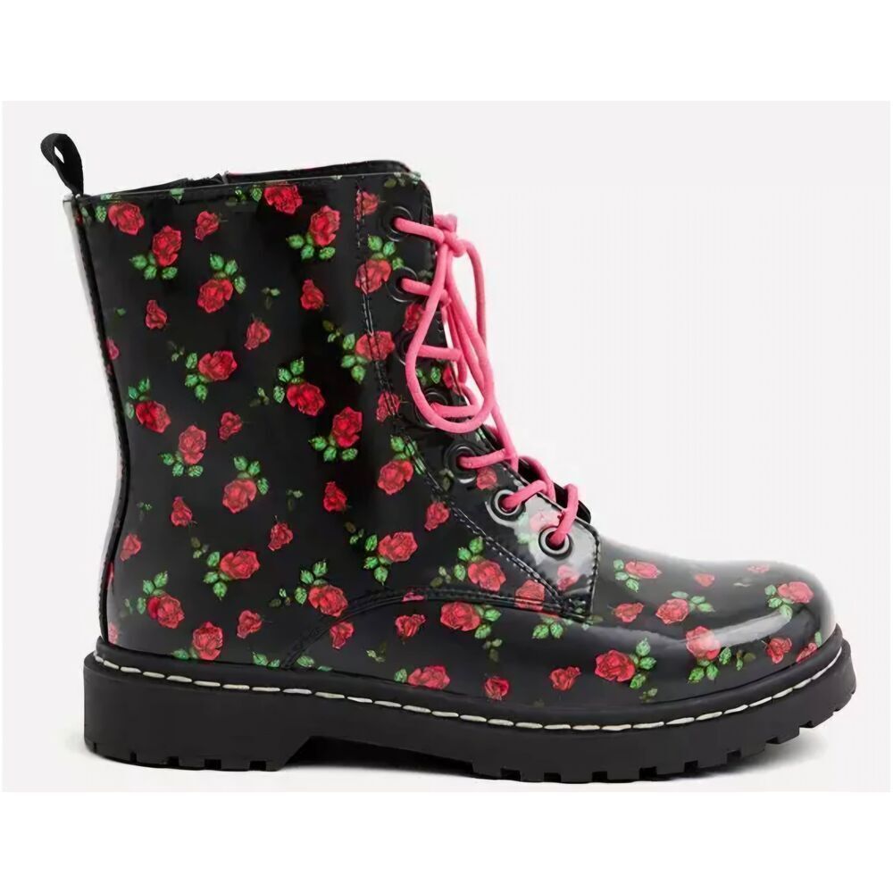Betsey Johnson X Torrid Patent Pleather Pink Rose & Black Combat Boots Size 8W